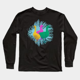 three geese and aqua blue feathers Long Sleeve T-Shirt